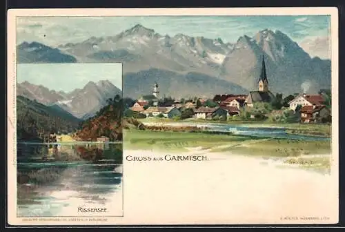 Künstler-AK H. Deuchert: Garmisch, Ortsansicht von oben, Rissersee