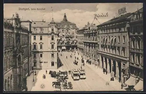 AK Stuttgart, Strassenbahnen beim Bahnhof