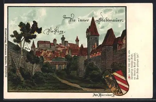 Lithographie Nürnberg, Alt-Nürnberg, Burg und innere Stadtmauer, Wappen