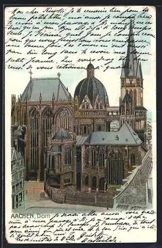 Lithographie Aachen, Totalansicht vom Dom