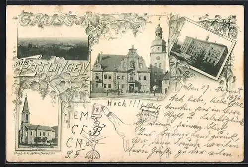 AK Ettlingen, Knaben-Schule, Rathaus und Evangelische Kirche