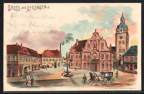Lithographie Ettlingen, Marktplatz mit Passanten