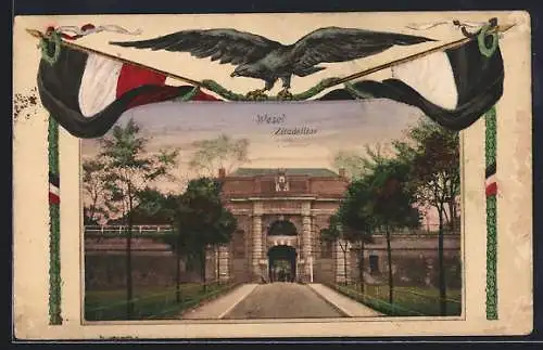 AK Wesel / Rhein, Zitadelltor im Passepartout mit Reichsadler und Reichsfahne