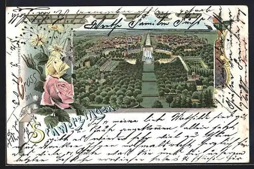 Lithographie Schwetzingen, Ortschaft mit Parkanlage, Rosenmotiv