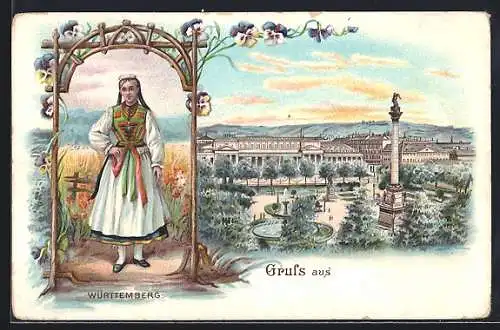 Passepartout-Lithographie Braunschweig, Ortsansicht mit Denkmal und Springbrunnen, Frau in württ. Tracht im Passepartout