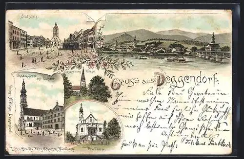 Lithographie Deggendorf, Stadtplatz, Gnadenkirche mit Kloster, Ortsansicht