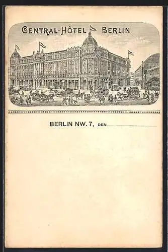 Lithographie Berlin, Central-Hotel mit Kutschen