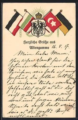 AK Hamburg-Altengamme, Wappen mit Flaggen von Österreich-Ungarn und Türkei, Reichsfahne