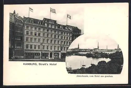 AK Hamburg, Streit`s Hotel, Alsterbassin vom Hotel aus gesehen