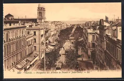 AK Tunis, Perspective des Avenues de France et Jules-Ferry