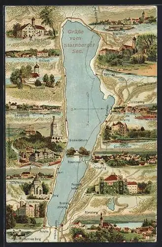 Künstler-AK Tutzing, Starnberger See mit Ortschaften, u.a. Ammerland, Feldafing, Garatshausen