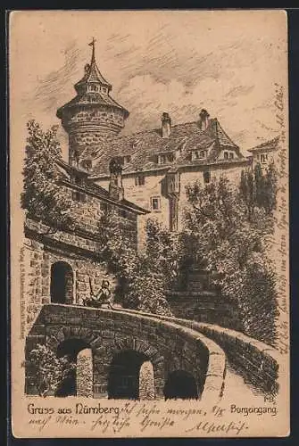 Künstler-AK Nürnberg, Burgansicht mit Eingang