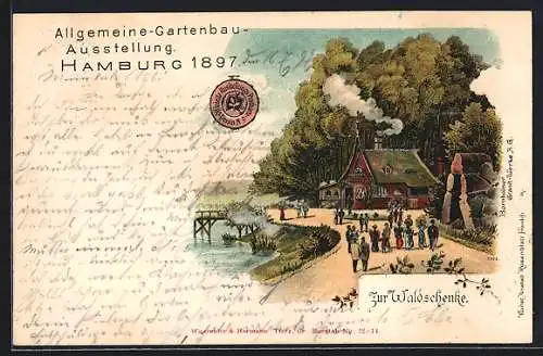 Lithographie Hamburg, Allgemeine Gartenbau-Ausstellung 1897, Gasthof zur Waldschenke