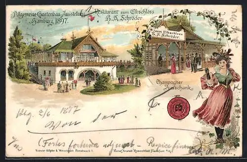 Lithographie Hamburg, Allgemeine Gartenbau-Ausstellung 1897, Restaurant zum Elbschloss, Champagner Ausschank