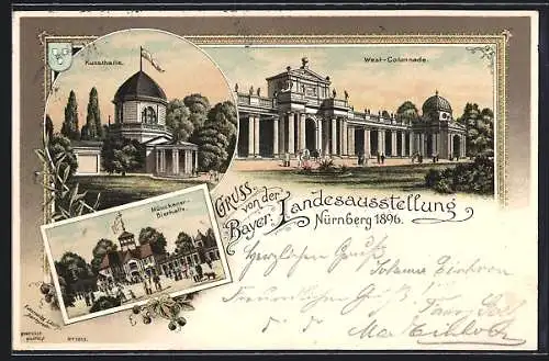 Lithographie Nürnberg, Bayr. Landesausstellung 1896, Münchner Bierhalle, Kunsthalle & Westcolonnade