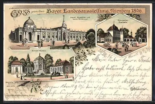 Lithographie Nürnberg, Bayerische Landesausstellung 1896, Kollektion der Bierhalle und des Armee-Museums