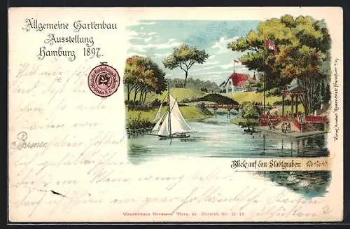 AK Hamburg, Allgemeine Gartenbau-Ausstellung 1897, Blick auf den Stadtgraben mit Segelboot und Seerosen