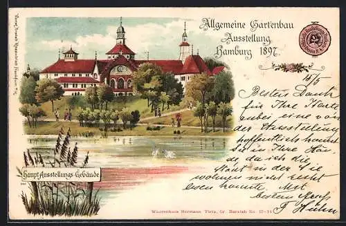 Lithographie Hamburg, Allgem. Gartenbau-Ausstellung 1897, Haupt-Ausstellungsgebäude