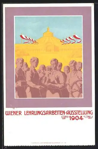 Künstler-AK Wien, Wiener Lehrlingsarbeiten-Ausstellung 1904, Ausstellungshalle mit Lehrlingen