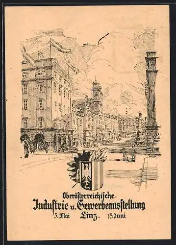 Künstler-AK Linz, Oberösterreichische Industrie- und Gewerbeausstellung 1946, Strassenansicht