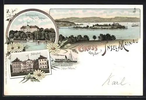 Lithographie Insel Mainau, Landungsplatz mit Schloss, Dampfer Kaiser Wilhelm, Panorama