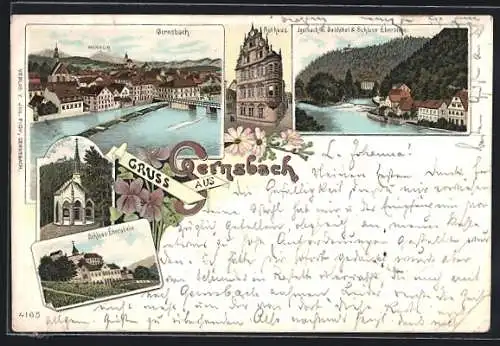 Lithographie Gernsbach, Igelbach mit Badhotel und Schloss Eberstein, Rathaus, Klingelkapelle