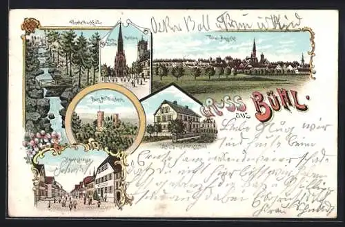 Lithographie Bühl / Baden, Hauptstrasse, Burg Alt-Windeck, Gertelbachfälle