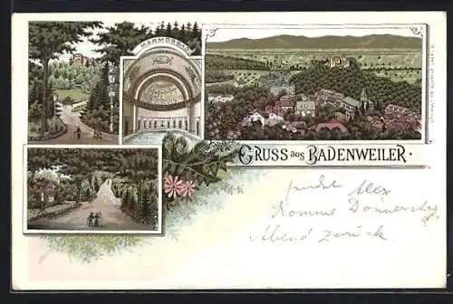 Lithographie Badenweiler, Marmorbad, Burgruine, Teilansicht aus der Vogelschau