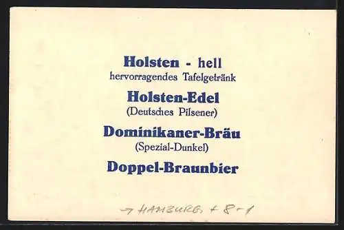 Künstler-AK Hamburg, Brauerei Holsten, Reklame für Holsten-hell, Holsten-Edel, Dominikaner-Bräu und Doppel-Braunbier