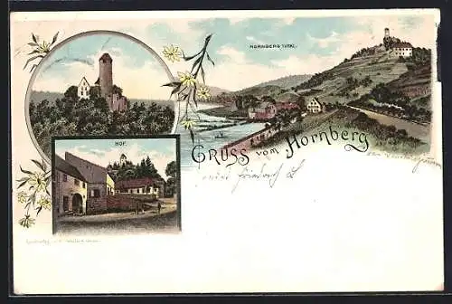 Lithographie Neckarzimmern, Hornberg, Hof und Schlossturm