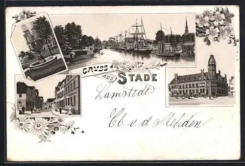 Lithographie Stade, Partie im Hafen, Brunnen, Strassenpartie, Segelschiffe