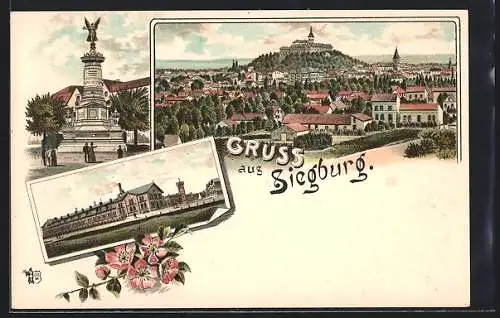 Lithographie Siegburg, Teilansicht mit Schloss, Denkmal, Ortspartie