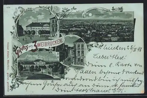 Mondschein-Lithographie Zweibrücken, Schloss, Bahnhof, Hauptstrasse