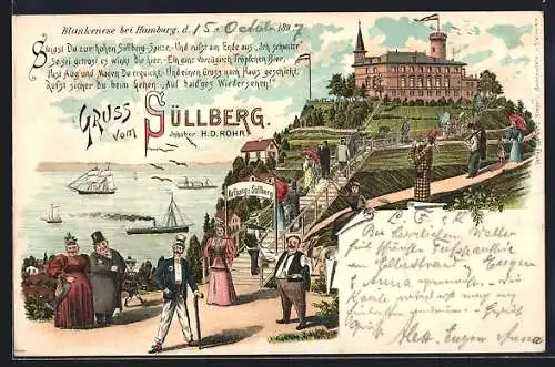 Lithographie Hamburg-Blankenese, Touristen am Süllbergaufgang