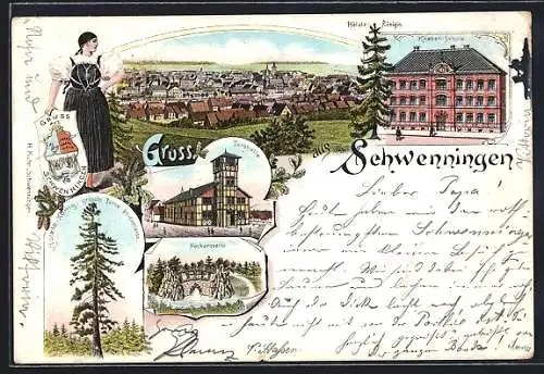 Lithographie Schwenningen / Neckar, Knaben-Schule, Turnhalle, Gesamtansicht