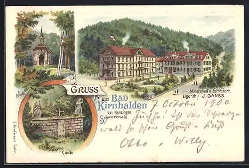 Lithographie Bad Kirnhalden bei Kenzingen /Schwarzwald, Mineralbad von F. Huse, Kapelle, Quelle