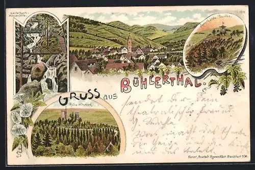 Lithographie Bühlerthal, Ruine Windeck, Sonnthalde Pavillon, Gertelbach-Wasserfälle