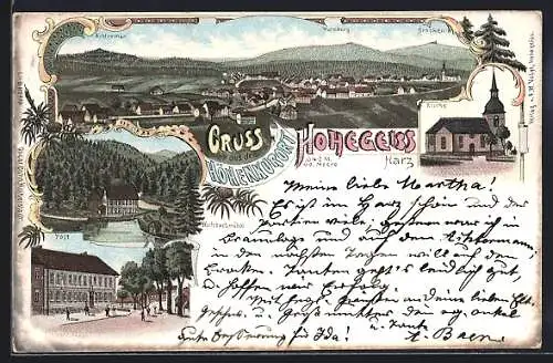 Lithographie Hohegeiss /Harz, Wolfsbachmühle, Post, Kirche