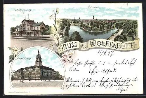 Lithographie Wolfenbüttel, Ortsansicht von oben, Staats-Bahnhof, Herzogliches Schloss