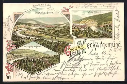 Lithographie Neckargemünd, Aussicht vom Dilsberg Neckarthal abwärts, Aussicht vom Kümmelbahnhof Neckarthal aufwärts