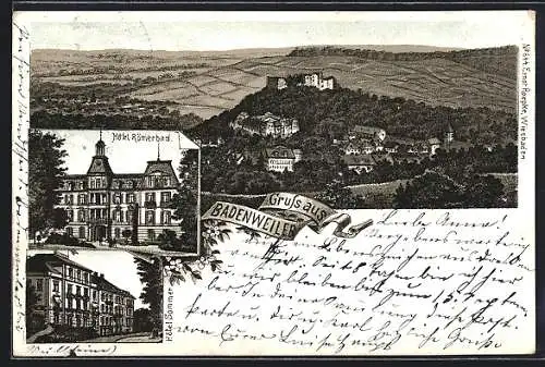 Lithographie Badenweiler, Ortsansicht, Hotel Römerbad, Hotel Sommer