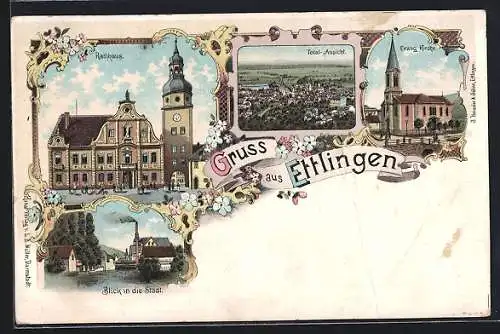 Lithographie Ettlingen, Rathaus, Evangelische Kirche, Blick in die Stadt