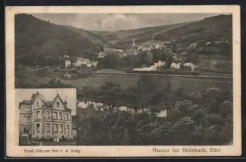 AK Hausen / Eifel, Gesamtansicht mit Zug, Hotel Dürener Hof v. A. Sistig