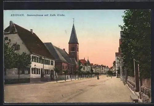 AK Ebingen, Sonnenstrasse mit Katholischer Kirche