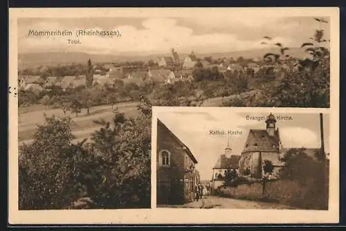 AK Mommenheim /Rheinhessen, Totalansicht, Evangelische Kirche und Katholische Kirche