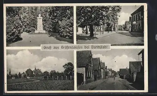 AK Gräfenhausen bei Darmstadt, Strassenpartie, Denkmal, Ortspartie