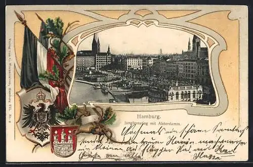 Passepartout-Lithographie Hamburg-Neustadt, Jungfernstieg mit Alsterdamm, Stadt-Wappen