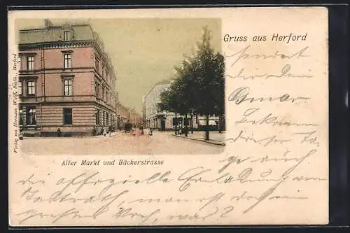 AK Herford, Strassenpartie am alten Markt mit Blick in die Bäckerstrasse