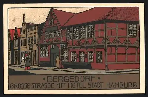 Steindruck-AK Bergedorf, Grosse Strasse mit Hotel Stadt Hamburg