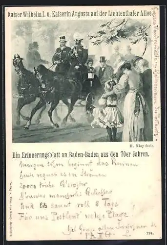 Lithographie Baden-Baden, Kaiser Wilhelm und Kaiserin Augusta auf der Lichtenthaler Allee